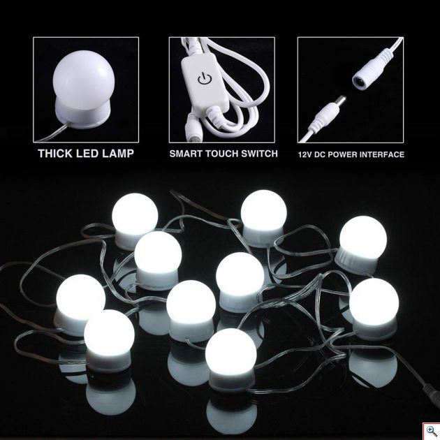 Εντυπωσιακός Led Αυτοκόλλητος Φωτισμός Τύπου Hollywood Για Καθρέπτη Μακιγιάζ Τουαλέτας με Ρυθμιζόμενο Φωτισμό Αφής