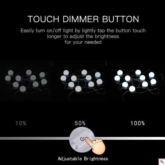 Εντυπωσιακός Led Αυτοκόλλητος Φωτισμός Τύπου Hollywood Για Καθρέπτη Μακιγιάζ Τουαλέτας με Ρυθμιζόμενο Φωτισμό Αφής