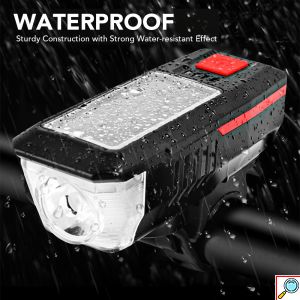Αδιάβροχο Ηλιακό Επαναφορτιζόμενο Φως Ποδηλάτου 350LM - Κόρνα 120dB με 3 Λειτουργίες Φωτισμού - Μαύρο/ Κόκκινο