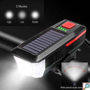 Αδιάβροχο Ηλιακό Επαναφορτιζόμενο Φως Ποδηλάτου 350LM - Κόρνα 120dB με 3 Λειτουργίες Φωτισμού - Μαύρο/ Κόκκινο