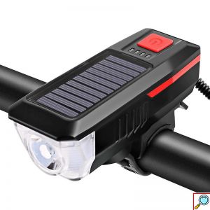 Αδιάβροχο Ηλιακό Επαναφορτιζόμενο Φως Ποδηλάτου 350LM - Κόρνα 120dB με 3 Λειτουργίες Φωτισμού - Μαύρο/ Κόκκινο