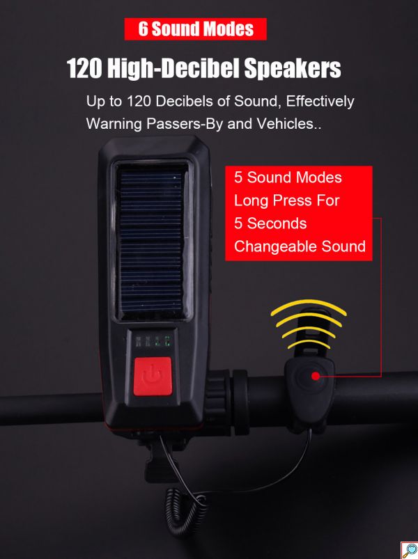Αδιάβροχο Ηλιακό Επαναφορτιζόμενο Φως Ποδηλάτου 350LM - Κόρνα 120dB με 3 Λειτουργίες Φωτισμού - Μαύρο/ Κόκκινο