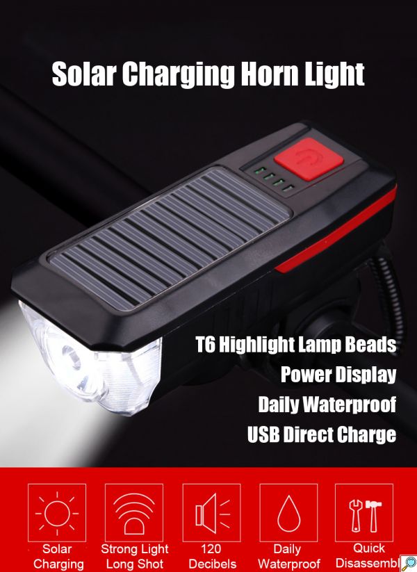 Αδιάβροχο Ηλιακό Επαναφορτιζόμενο Φως Ποδηλάτου 350LM - Κόρνα 120dB με 3 Λειτουργίες Φωτισμού - Μαύρο/ Κόκκινο
