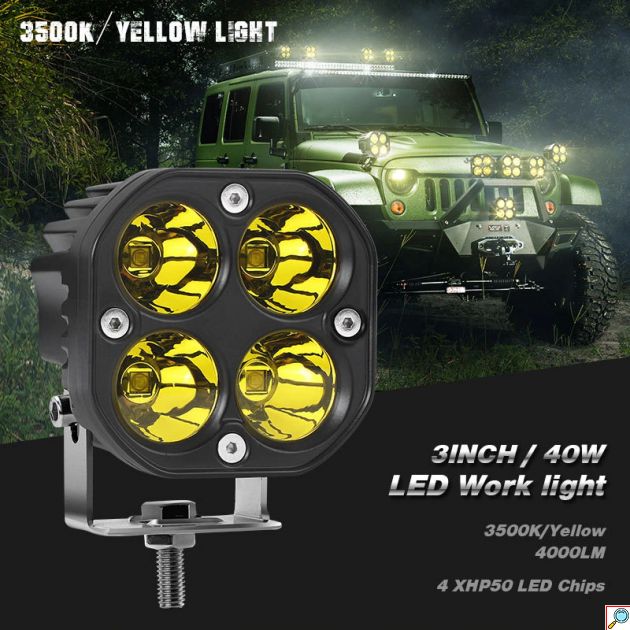 Αδιάβροχος Προβολέας Amber LED Ομίχλης 40W Θερμού Φωτισμού 3000K 12V 4500Lumens IP67