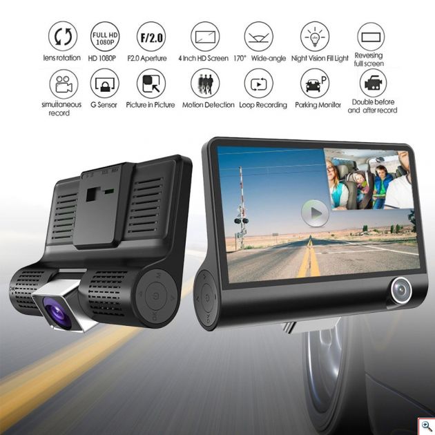 Τριπλό Καταγραφικό Αυτοκινήτου Full HD 1080p HDR 15MP με 2 x Κάμερες, Οθόνη 4.0 inch, Κάμερα Parking, Αισθητήρα Βαρύτητας & Κίνησης, Auto Exposure & Νυχτερινή Λήψη