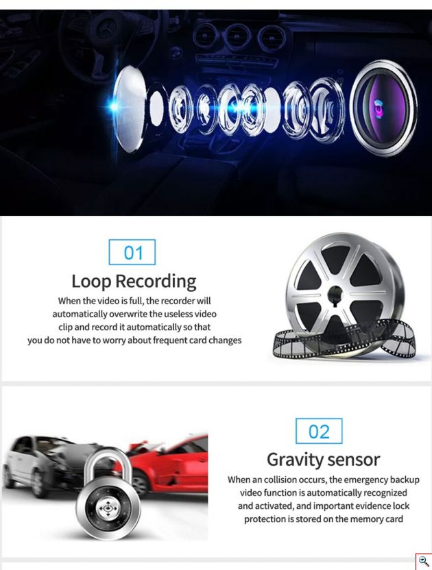 Τριπλό Καταγραφικό Αυτοκινήτου Full HD 1080p HDR 15MP με 2 x Κάμερες, Οθόνη 4.0 inch, Κάμερα Parking, Αισθητήρα Βαρύτητας & Κίνησης, Auto Exposure & Νυχτερινή Λήψη