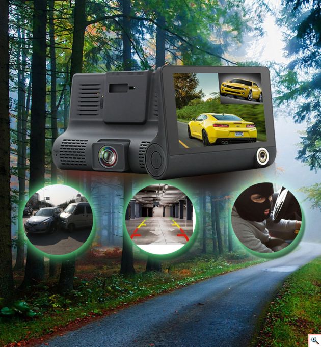 Τριπλό Καταγραφικό Αυτοκινήτου Full HD 1080p HDR 15MP με 2 x Κάμερες, Οθόνη 4.0 inch, Κάμερα Parking, Αισθητήρα Βαρύτητας & Κίνησης, Auto Exposure & Νυχτερινή Λήψη