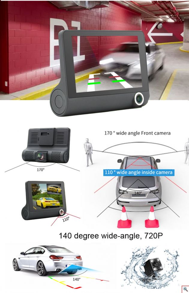 Τριπλό Καταγραφικό Αυτοκινήτου Full HD 1080p HDR 15MP με 2 x Κάμερες, Οθόνη 4.0 inch, Κάμερα Parking, Αισθητήρα Βαρύτητας & Κίνησης, Auto Exposure & Νυχτερινή Λήψη