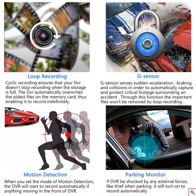 Τριπλό Καταγραφικό Αυτοκινήτου Full HD 1080p HDR 15MP με 2 x Κάμερες, Οθόνη 4.0 inch, Κάμερα Parking, Αισθητήρα Βαρύτητας & Κίνησης, Auto Exposure & Νυχτερινή Λήψη