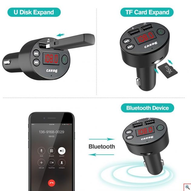 Fm Transmitter Φορτιστής Αυτοκινήτου 2 x USB,SD Bluetooth Handsfree Mp3 Player με Μικρόφωνο & AUX είσοδο - Car FM Modulator