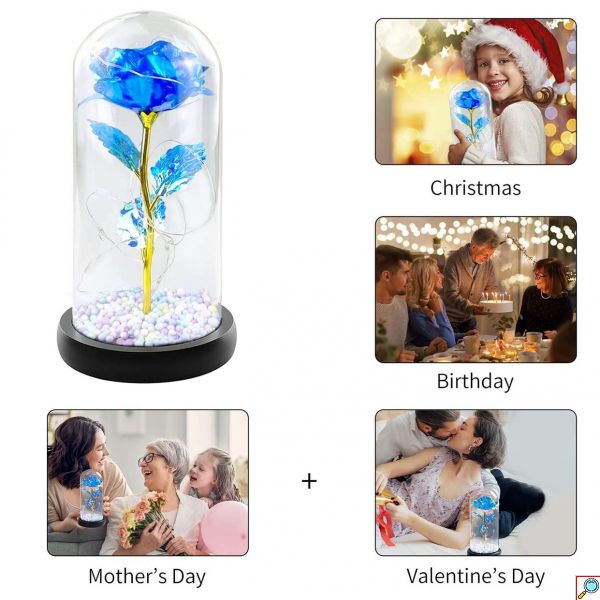 Forever Rose Κρυστάλλινο Φωτιζόμενο Τριαντάφυλλο σε Γυάλινο Βάζο με Πολύχρωμα LED Λαμπάκια - Μπλε