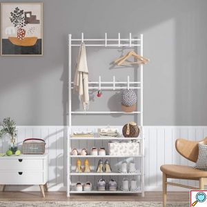 Μεταλλική Ραφιέρα Παπουτσοθήκη 170x60x29cm 5 Επιπέδων & Κρεμάστρα Εισόδου, Τουαλέτας Μπάνιου για Παλτά, Μπουφάν & Καπέλα Έπιπλο Εισόδου