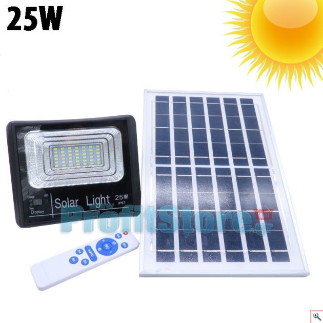 Αδιάβροχος Ηλιακός Προβολέας 25W με Φωτοβολταϊκό Πάνελ, Τηλεκοντρόλ, Χρονοδιακόπτη & LED Οθόνη Μπαταρίας - Solar Panel