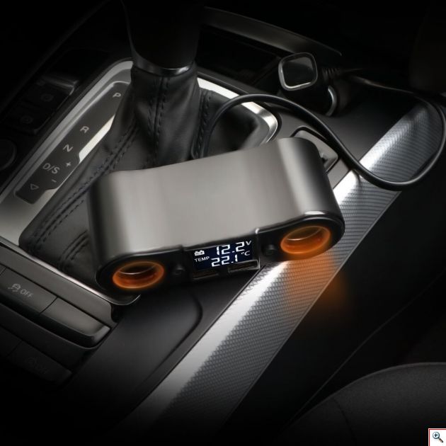 Splitter Αναπτήρα με Dual 2x Φορτιστή USB, Βολτόμετρο & Θερμόμετρο Αυτοκινήτου DC 12V-24V