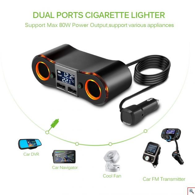 Splitter Αναπτήρα με Dual 2x Φορτιστή USB, Βολτόμετρο & Θερμόμετρο Αυτοκινήτου DC 12V-24V