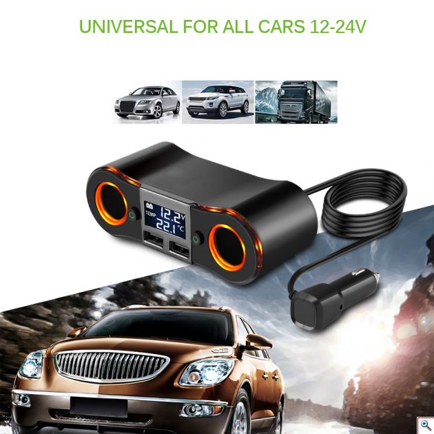Splitter Αναπτήρα με Dual 2x Φορτιστή USB, Βολτόμετρο & Θερμόμετρο Αυτοκινήτου DC 12V-24V