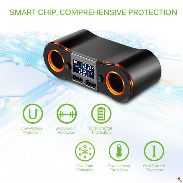 Splitter Αναπτήρα με Dual 2x Φορτιστή USB, Βολτόμετρο & Θερμόμετρο Αυτοκινήτου DC 12V-24V