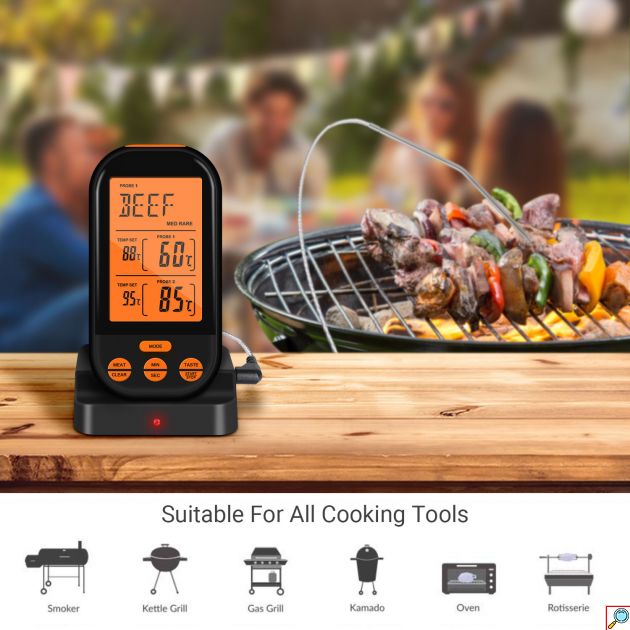 Ασύρματο Ψηφιακό Θερμόμετρο Κρέατος & Ψησταριάς με 2 Ακίδες Μετρήσεων - Θερμοκρασία Φούρνου και Κρέατος - BBQ με 5 Ενδείξεις Ψησίματος