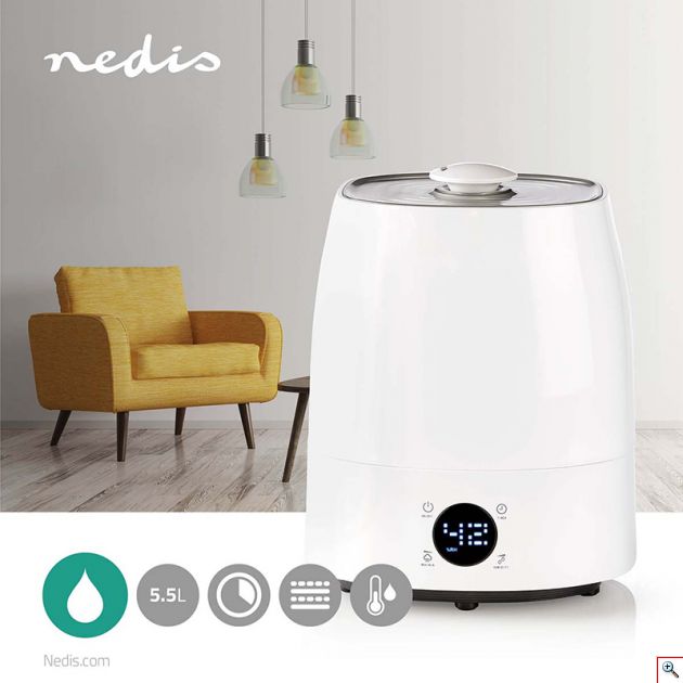 Nedis® Yγραντήρας Υπερήχων με Πλήκτρα Αφής, Κεραμικό Φίλτρο, Δοχείο 5.5L, Ψηφιακή Οθόνη LED HUMI120CWT
