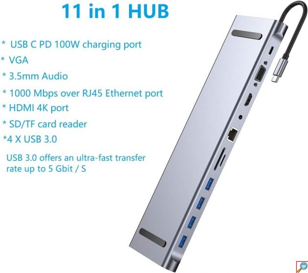 11 σε 1 Docking Station - Βάση Λάπτοπ Type-C με 4 Θύρες USB, 1 Type-C, HDMI, VGA, Card Reader, Ethernet & Audio Jack 3,5 mm - Andowl