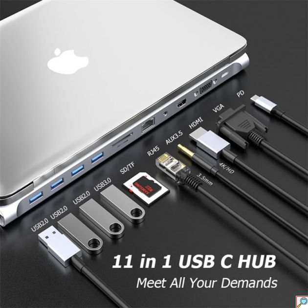 11 σε 1 Docking Station - Βάση Λάπτοπ Type-C με 4 Θύρες USB, 1 Type-C, HDMI, VGA, Card Reader, Ethernet & Audio Jack 3,5 mm - Andowl