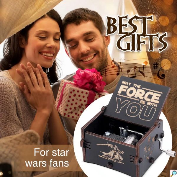 Ρετρό Ξύλινο Χειροκίνητο Μουσικό Κουτί STAR WARS με Χάραξη Μαύρο 