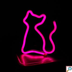 LED Επιτοίχιο Διακοσμητικό Φωτιστικό Neon με Τροφοδοσία USB ή Μπαταρίες με Σχέδιο Γατούλα σε Ροζ Χρώμα