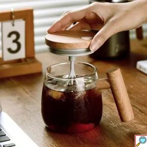Αδιάβροχη Γυάλινη Κούπα που Ανακατεύεται Μόνη της με Ξύλινο Καπάκι και Λαβή 400ml Home Theory 