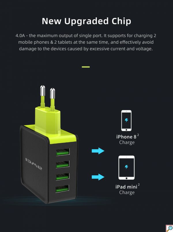 Τετραπλός Φορτιστής Πρίζας 100-240V με 4x USB Θύρες 4.0A Γρήγορης Φόρτισης - Αντάπτορας Τοίχου AWEI