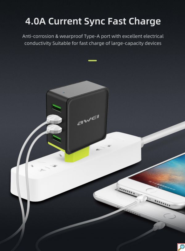Τετραπλός Φορτιστής Πρίζας 100-240V με 4x USB Θύρες 4.0A Γρήγορης Φόρτισης - Αντάπτορας Τοίχου AWEI