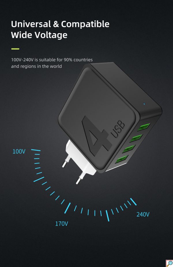Τετραπλός Φορτιστής Πρίζας 100-240V με 4x USB Θύρες 4.0A Γρήγορης Φόρτισης - Αντάπτορας Τοίχου AWEI