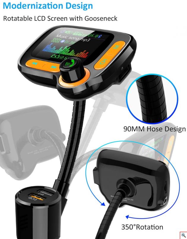 Ασύρματος Πομπός Bluetooth με Μεγάλη Οθόνη, USB, SD, AUX, MP3 Player, Φορτιστής 2x USB Fast Charge & Βολτόμετρο Αυτοκινήτου - Car FM Transmitter