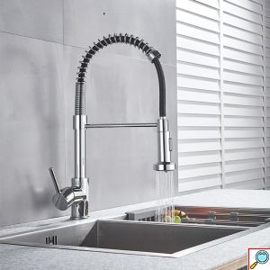 Μοντέρνα Inox Εύκαμπτη Μπαταρία Βρύση Νεροχύτη Κουζίνας Αναμεικτική με Σπιράλ - Ελατήριο Ντους Ανοξείδωτη & 2 Λειτουργίες Ψεκασμού