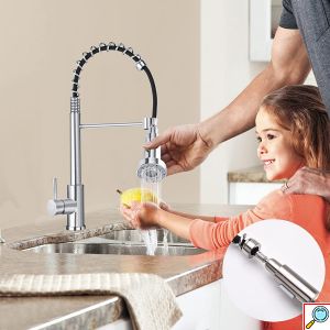 Μοντέρνα Inox Εύκαμπτη Μπαταρία Βρύση Νεροχύτη Κουζίνας Αναμεικτική με Σπιράλ - Ελατήριο Ντους Ανοξείδωτη & 2 Λειτουργίες Ψεκασμού