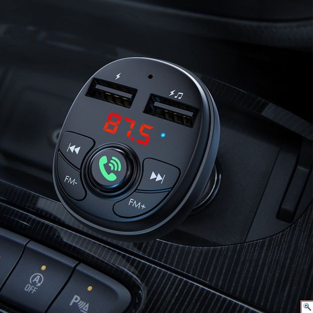 Διπλός Φορτιστής Αυτοκινήτου 2 USB - Fm Transmitter, Bluetooth Hands-Free 2.4Α με LED Οθόνη MOXOM
