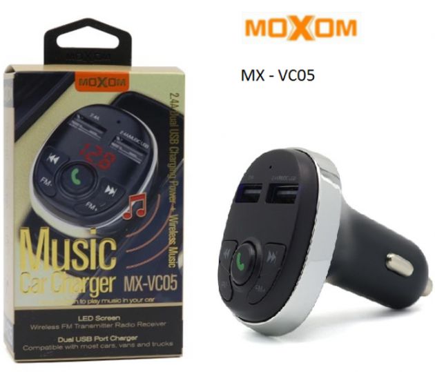 Διπλός Φορτιστής Αυτοκινήτου 2 USB - Fm Transmitter, Bluetooth Hands-Free 2.4Α με LED Οθόνη MOXOM