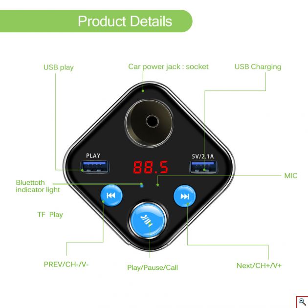 Ασύρματος Πομπός Αυτοκινήτου Bluetooth USB/SD MP3 Player & Διπλός Φορτιστής Dual USB 5V για Ποτηροθήκη - Cup Holder Car FM Transmitter