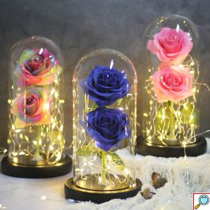 Forever Rose 2 Παντοτινά Τριαντάφυλλα σε Γυάλινο Βάζο με Θερμό LED Φωτισμό 19x11cm - Μπλε