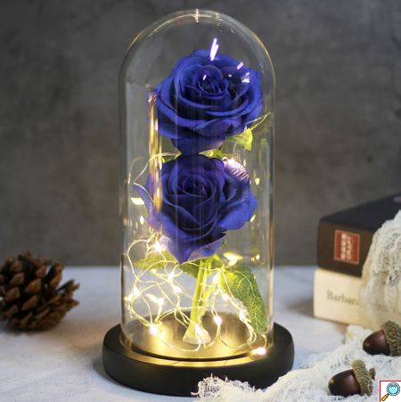 Forever Rose 2 Παντοτινά Τριαντάφυλλα σε Γυάλινο Βάζο με Θερμό LED Φωτισμό 19x11cm - Μπλε