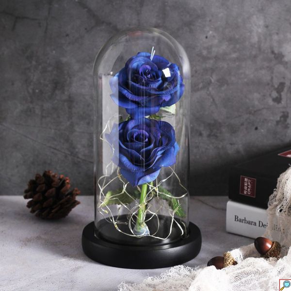 Forever Rose 2 Παντοτινά Τριαντάφυλλα σε Γυάλινο Βάζο με Θερμό LED Φωτισμό 19x11cm - Μπλε