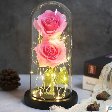 Forever Rose 2 Παντοτινά Τριαντάφυλλα σε Γυάλινο Βάζο με Θερμό LED Φωτισμό 19x11cm - Ροζ