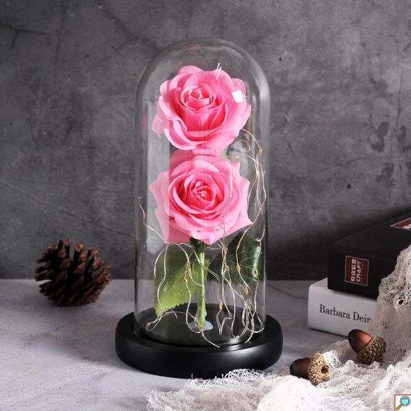 Forever Rose 2 Παντοτινά Τριαντάφυλλα σε Γυάλινο Βάζο με Θερμό LED Φωτισμό 19x11cm - Ροζ