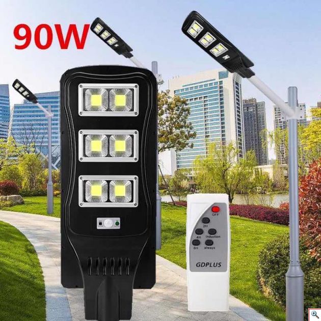 Αδιάβροχο Ηλιακό Μεγάλο Φωτιστικό Δρόμου 90W με Φωτοβολταϊκό Πάνελ Ανιχνευτή Κίνησης, Αισθητήρα Φωτός & Τηλεκοντρόλ
