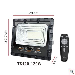 Στεγανός Ηλιακός Προβολέας IP67 Ισχύος 120W με Τηλεχειριστήριο σε Μαύρο χρώμα F0-T8120
