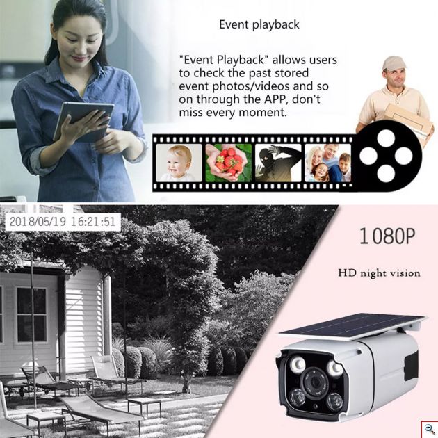 Ηλιακή Αδιάβροχη Ασύρματη IP WiFi Κάμερα Full HD 1080p P2P Εξωτερικού Χώρου με Νυχτερινή Λήψη, Ανιχνευτή Κίνησης, Ειδοποίηση στο Κινητό, Μικρόφωνο, Ηχείο, & Micro SD ΥΝ-100+