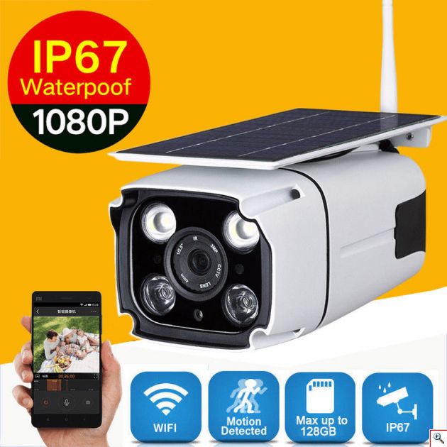 Ηλιακή Αδιάβροχη Ασύρματη IP WiFi Κάμερα Full HD 1080p P2P Εξωτερικού Χώρου με Νυχτερινή Λήψη, Ανιχνευτή Κίνησης, Ειδοποίηση στο Κινητό, Μικρόφωνο, Ηχείο, & Micro SD ΥΝ-100+
