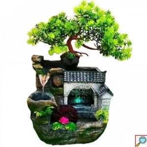 Διακοσμητικό Συντριβάνι Feng Shui με Σπιτάκι, Δέντρο, Kαταράκτη, Τρεχούμενο Νερό & Πολύχρωμο Φωτισμό LED 19x14x30 εκ