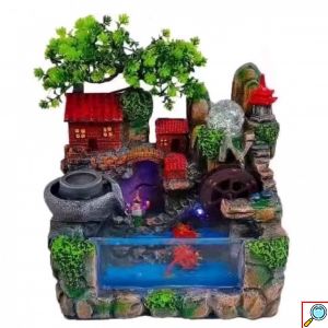 Διακοσμητικό Συντριβάνι Feng Shui με Σπιτάκι, Δέντρο, Τρεχούμενο Νερό & Πολύχρωμο Φωτισμό LED 30x20x30 εκ