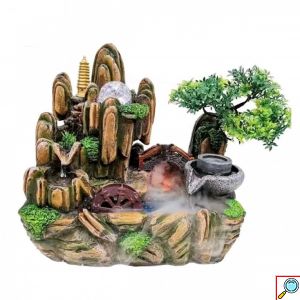 Διακοσμητικό Συντριβάνι Feng Shui με Σπιτάκι, Δέντρο, Τρεχούμενο Νερό & Πολύχρωμο Φωτισμό LED 30x20x30 εκ