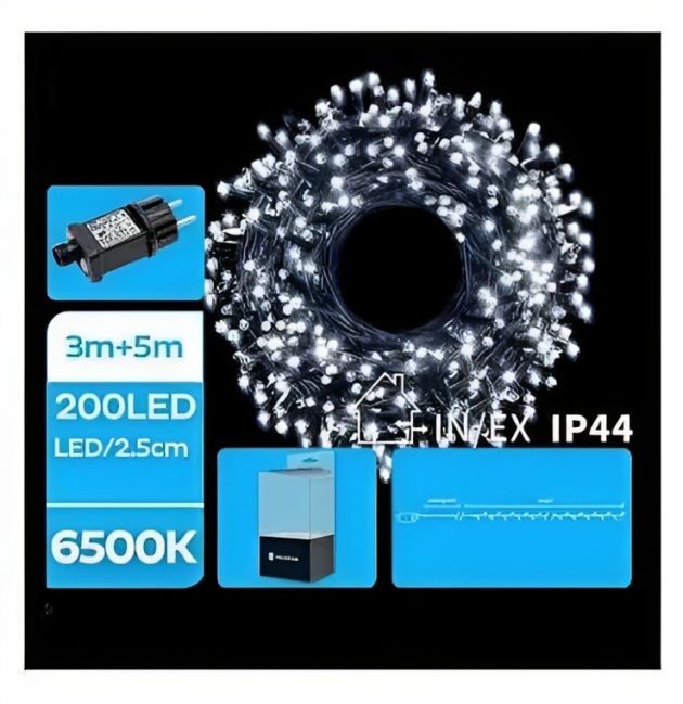 200 LED Χριστουγεννιάτικα Λαμπάκια Ψυχρού Λευκού Φωτισμού - 8μ 6500K με Διαφορετικά Προγράμματα Φωτισμού